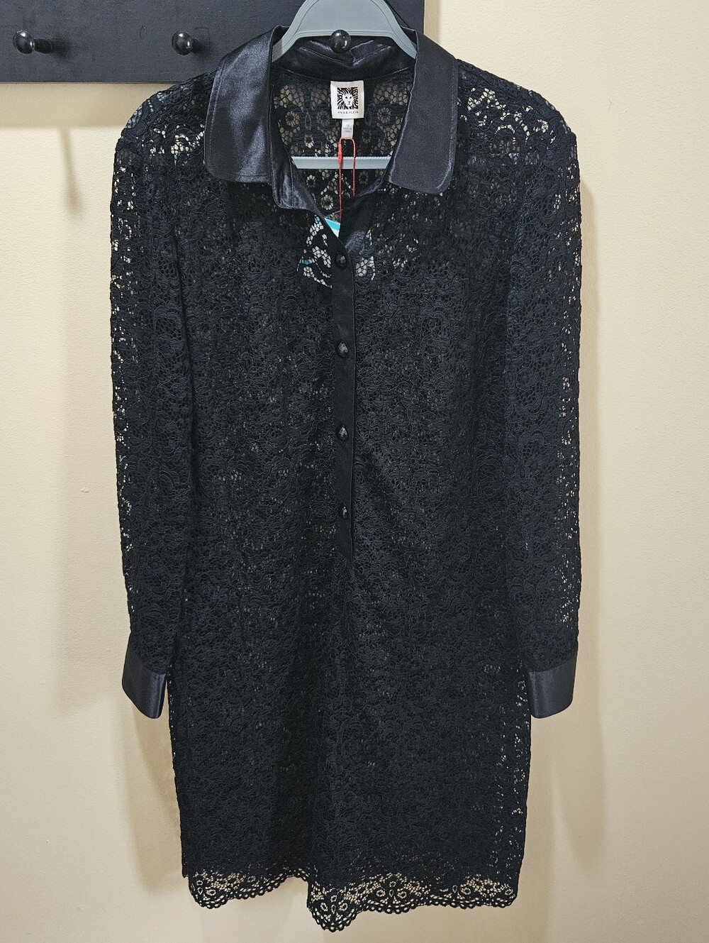Anne Klein Black Lace Long-Sleeve Shirt Dress with Satin Collar